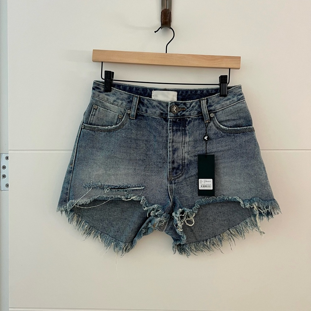 One Teaspoon Blue High-Waisted Jean Shorts Distressed